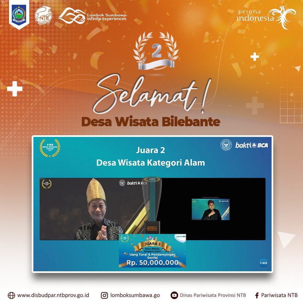 Desa Wisata Bilebante sebagai Juara 2 BCA DESA WISATA AWARD 2021 untuk Kategori Alam